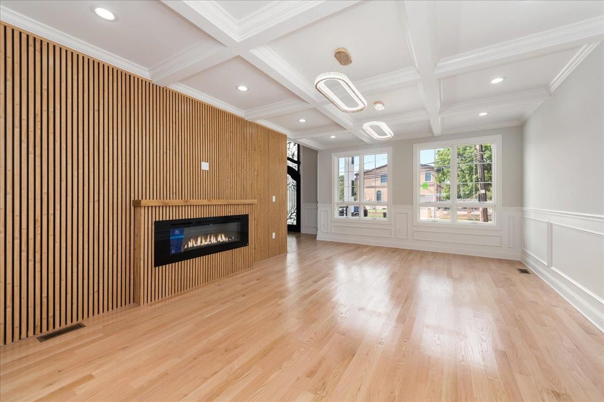 Empty room, Fireplace, Interior, Recessed Lighting, Wood Texture Flooring, Wooden Walls