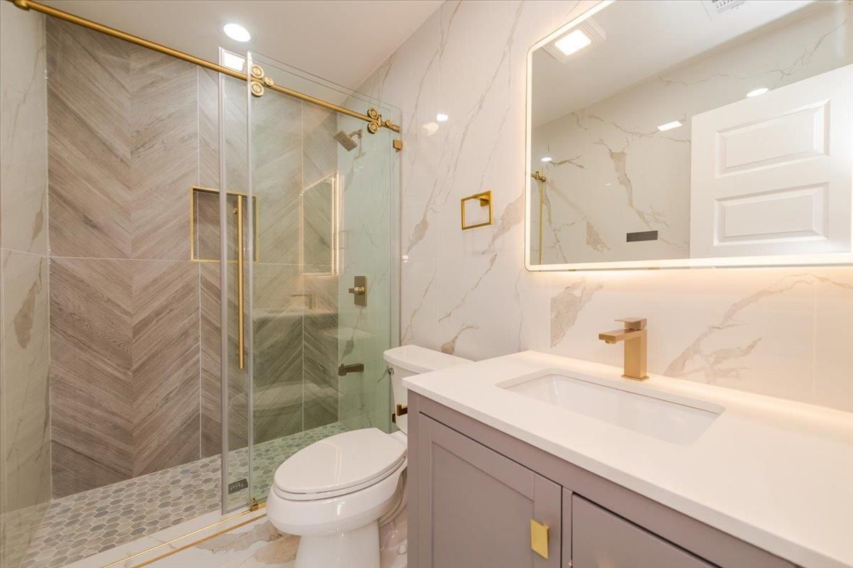 Bathroom, Glass Shower, Interior, Marble Walls, Recessed Lighting