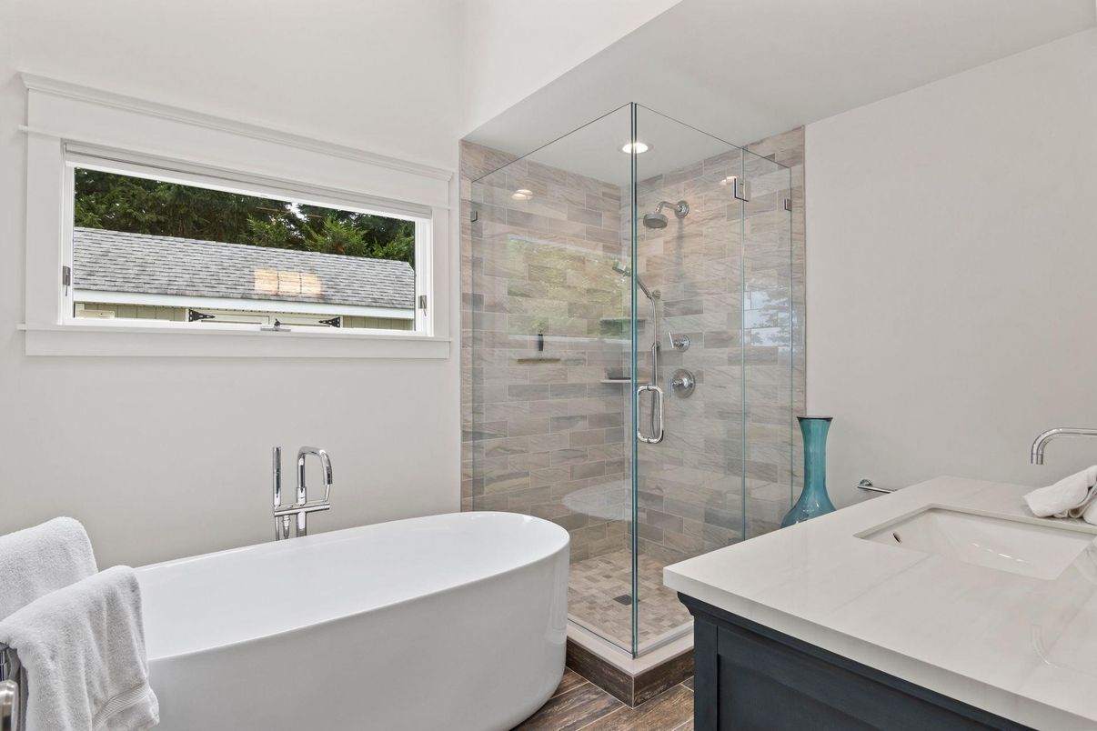 Bathroom, Free Standing Baths, Glass Shower, Interior, Wood Texture Flooring