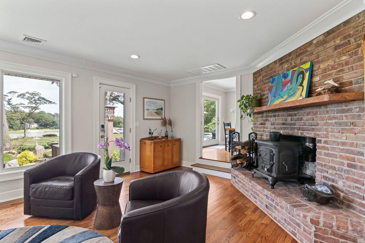 Fireplace, Interior, Recessed Lighting, Stone Walls, Wood Texture Flooring