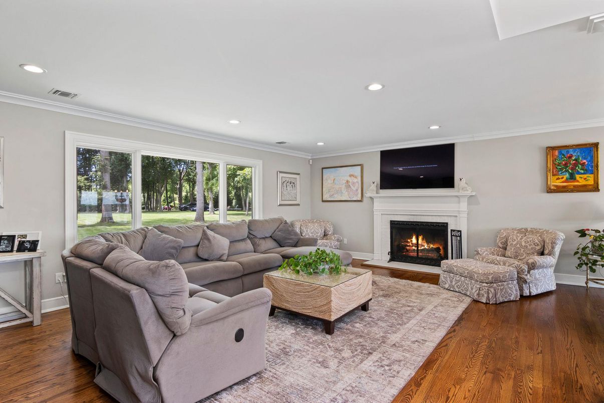 Fireplace, Interior, Living room, Recessed Lighting, Wood Texture Flooring