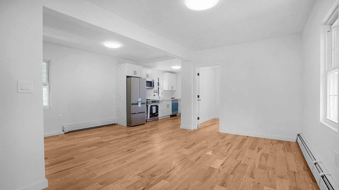 Empty room, Interior, Kitchen, Recessed Lighting, Wood Texture Flooring