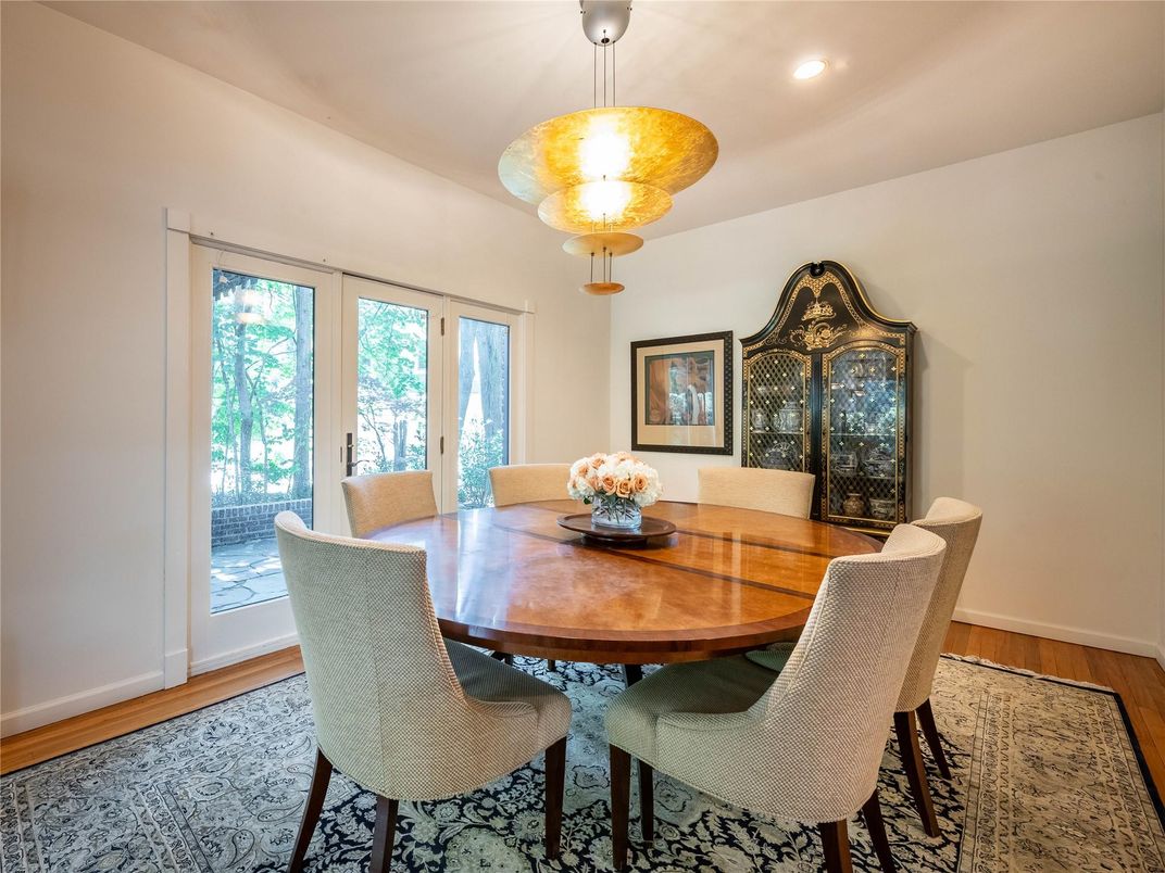 Dining room, Interior, Pendant Lights, Recessed Lighting, Wood Texture Flooring