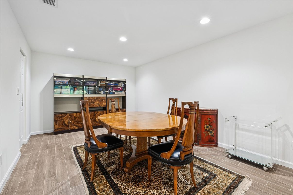 Dining room, Interior, Recessed Lighting, Wood Texture Flooring