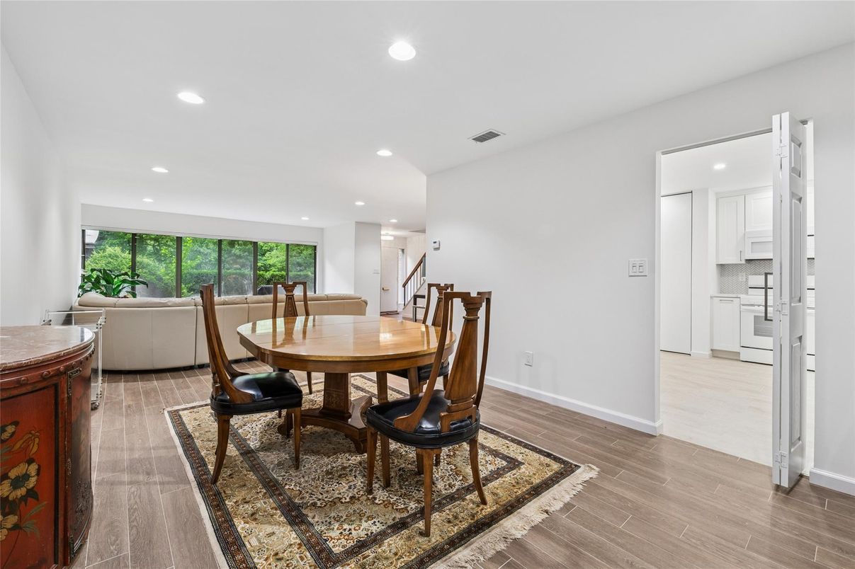 Dining room, Interior, Living room, Recessed Lighting, Wood Texture Flooring