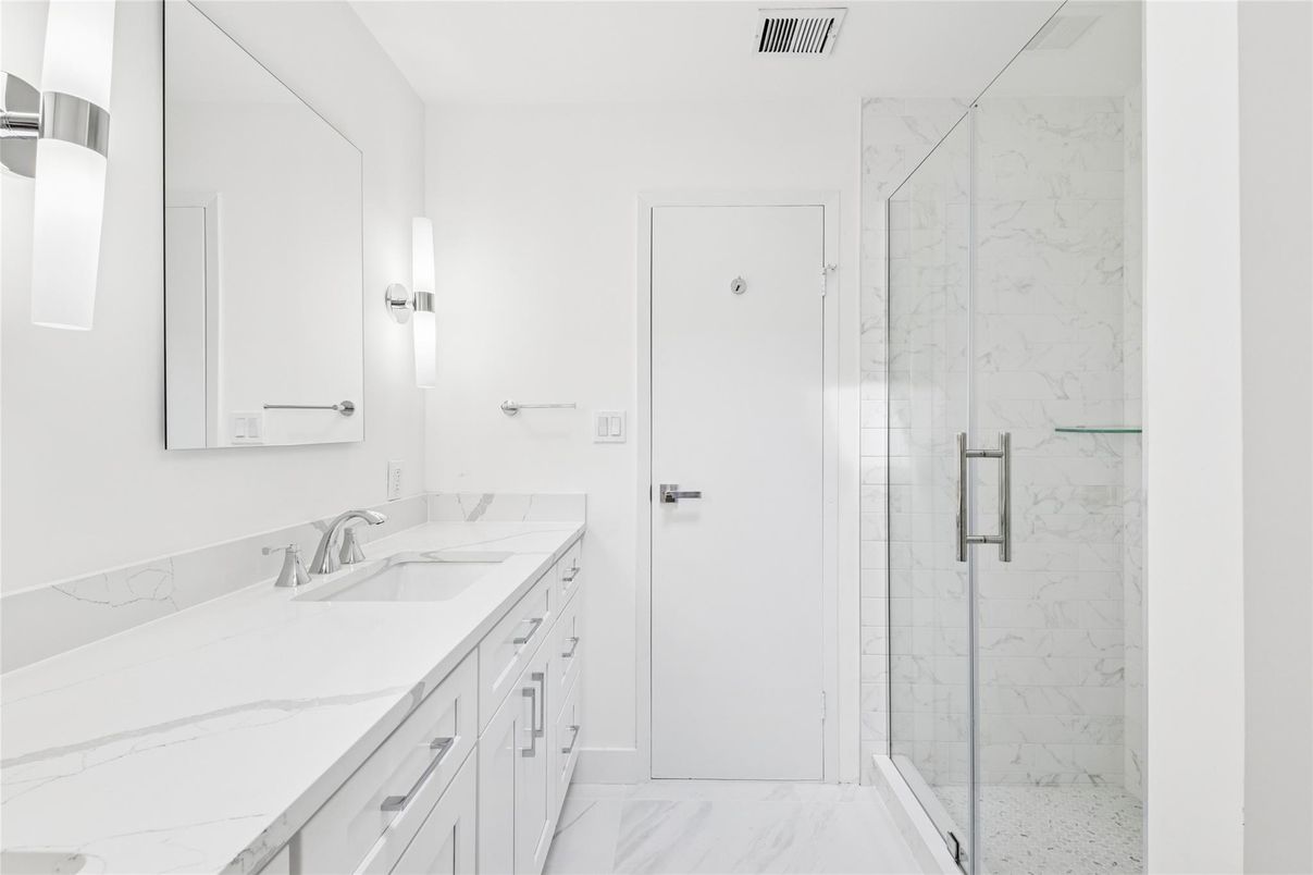 Bathroom, Dual Sink Vanities, Glass Shower, Interior, Marble, Marble Walls