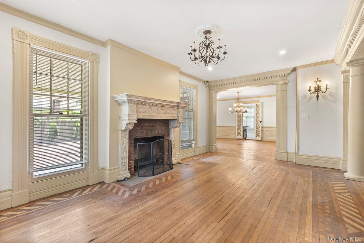 Chandelier, Empty room, Fireplace, Interior, Wood Texture Flooring