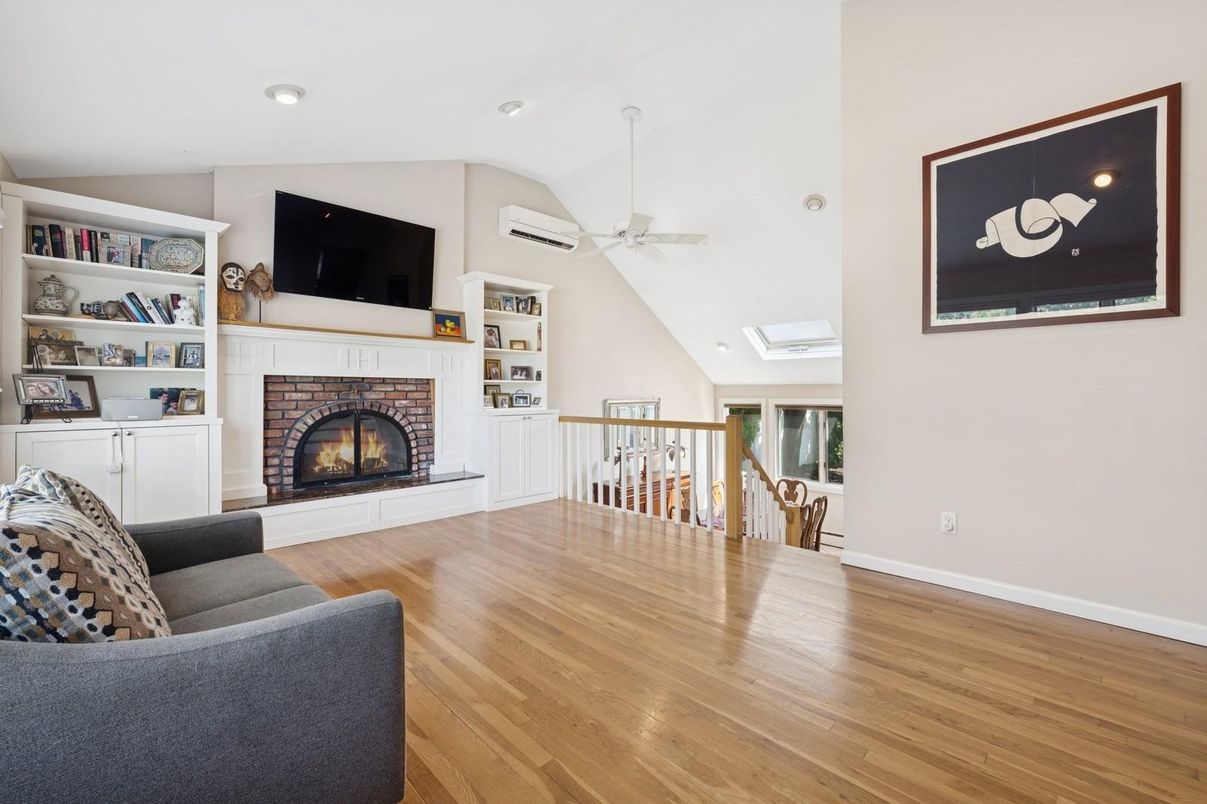 Fireplace, Interior, Living room, Recessed Lighting, Wood Texture Flooring