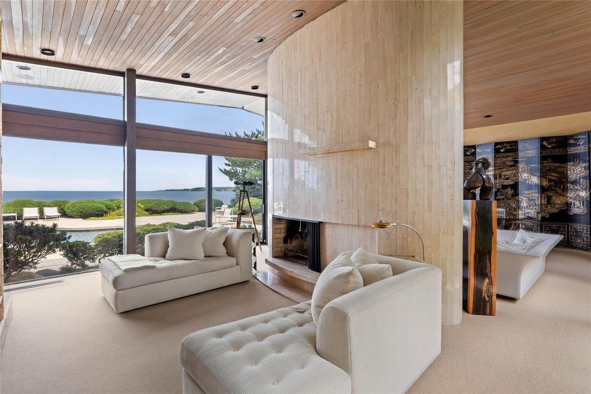 Fireplace, Interior, Living room, Recessed Lighting, Water, Wooden Ceilings, Wooden Walls