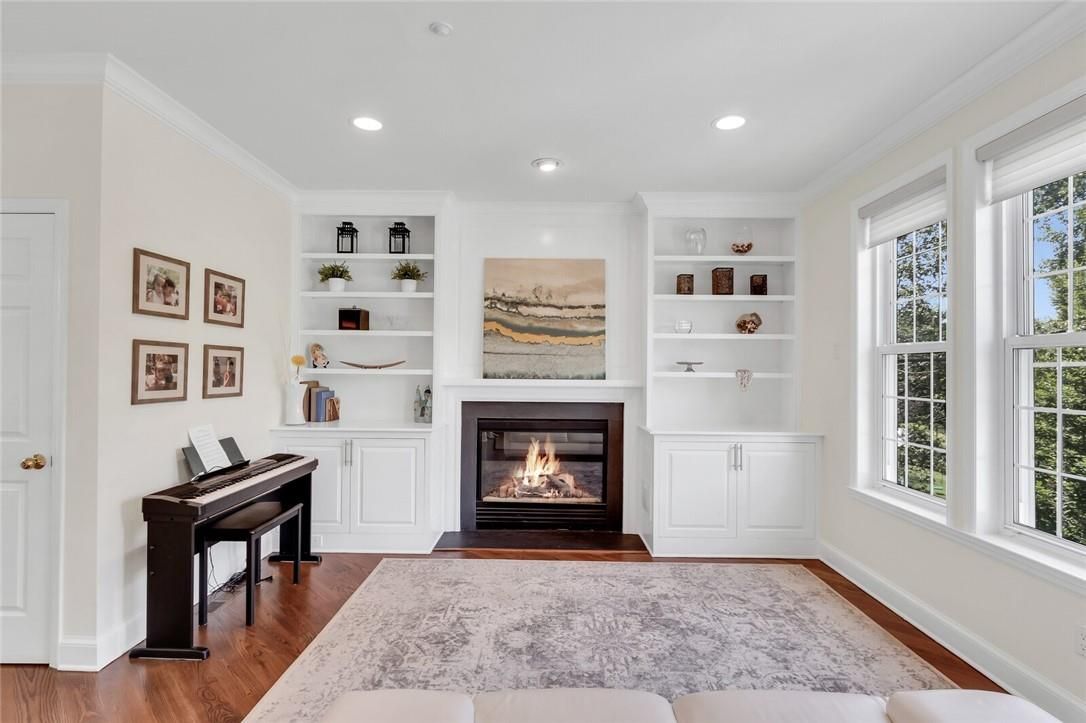 Fireplace, Interior, Piano, Recessed Lighting, Wood Texture Flooring