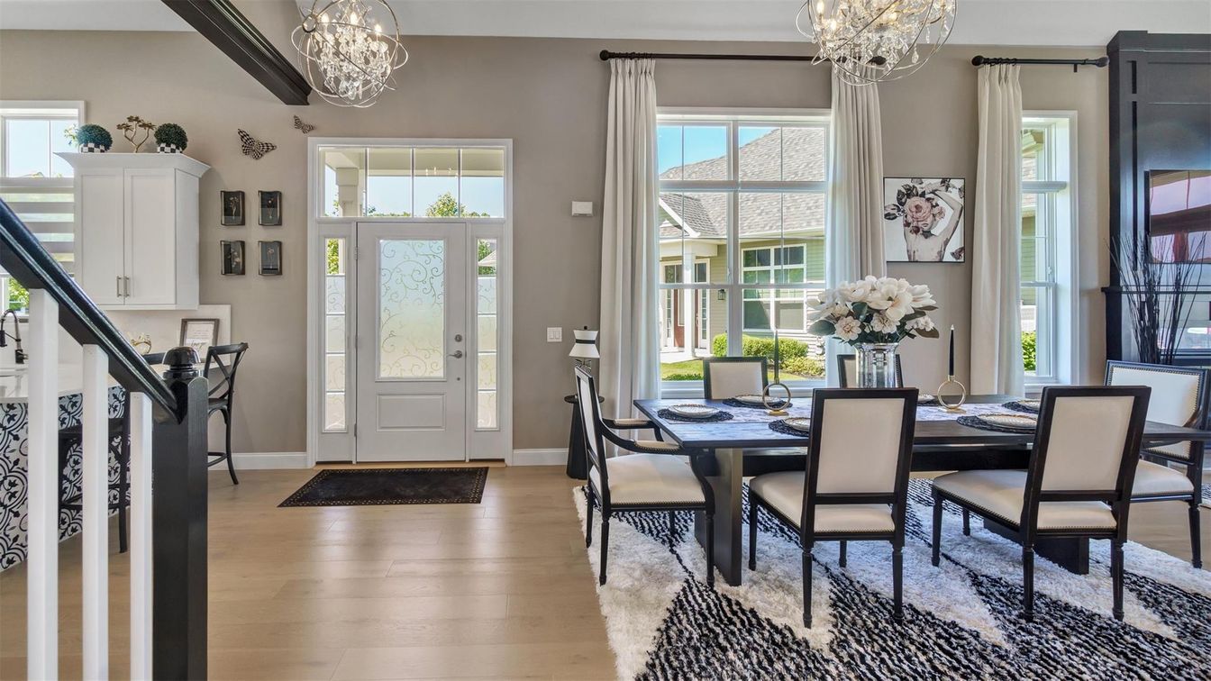 Chandelier, Dining room, Interior, Pendant Lights, Wood Texture Flooring