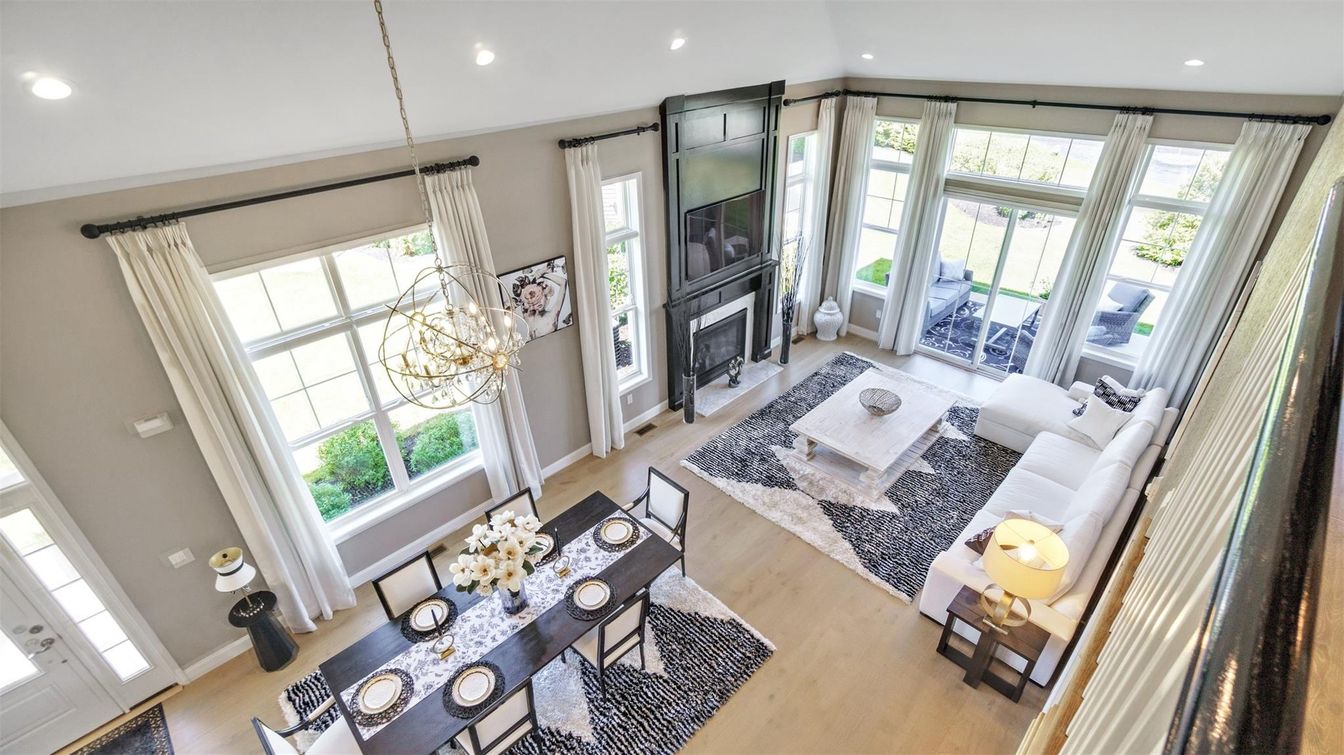 Dining room, Fireplace, Interior, Living room, Pendant Lights, Recessed Lighting, Wood Texture Flooring