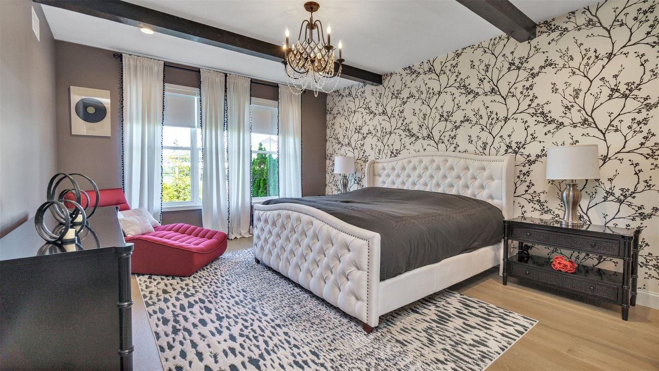 Bedroom, Chandelier, Interior, Recessed Lighting, Wooden Beams, Wood Texture Flooring