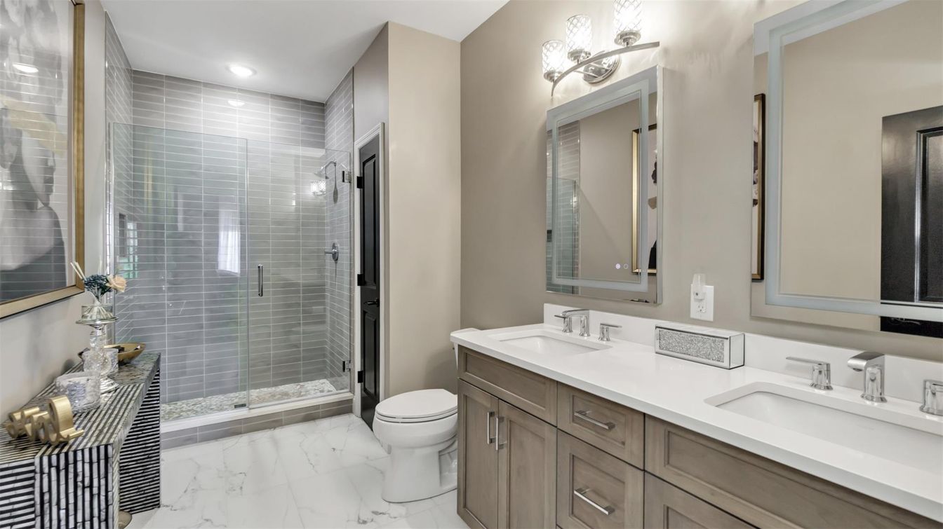 Bathroom, Dual Sink Vanities, Glass Shower, Interior, Marble, Recessed Lighting