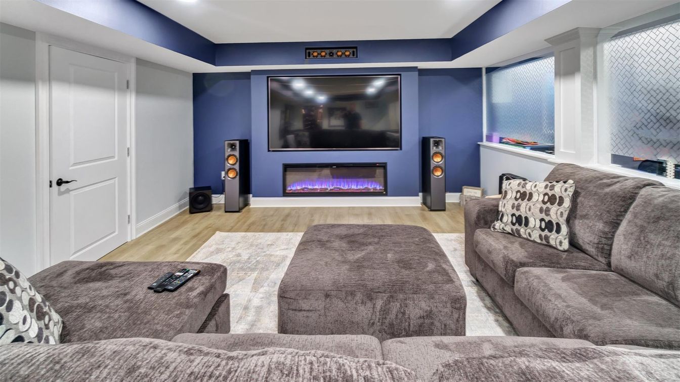 Fireplace, Interior, Living room, Recessed Lighting, Wood Texture Flooring