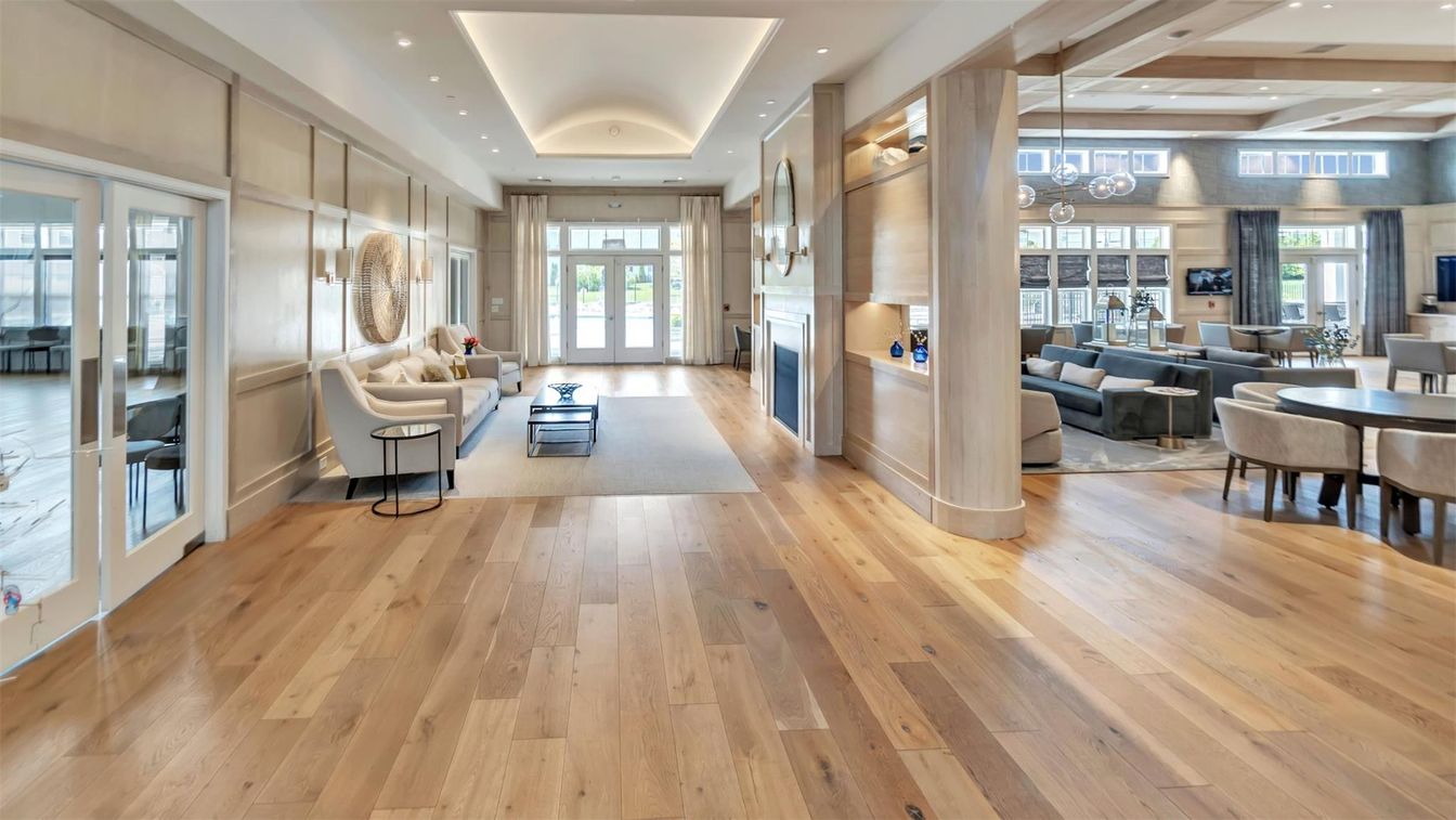 Chandelier, Dining room, Fireplace, Interior, Living room, Pendant Lights, Recessed Lighting, Wood Texture Flooring