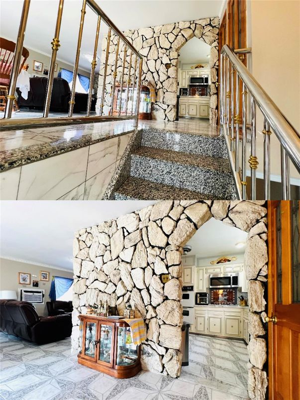 Interior, Kitchen, Marble, Pendant Lights, Stone Walls
