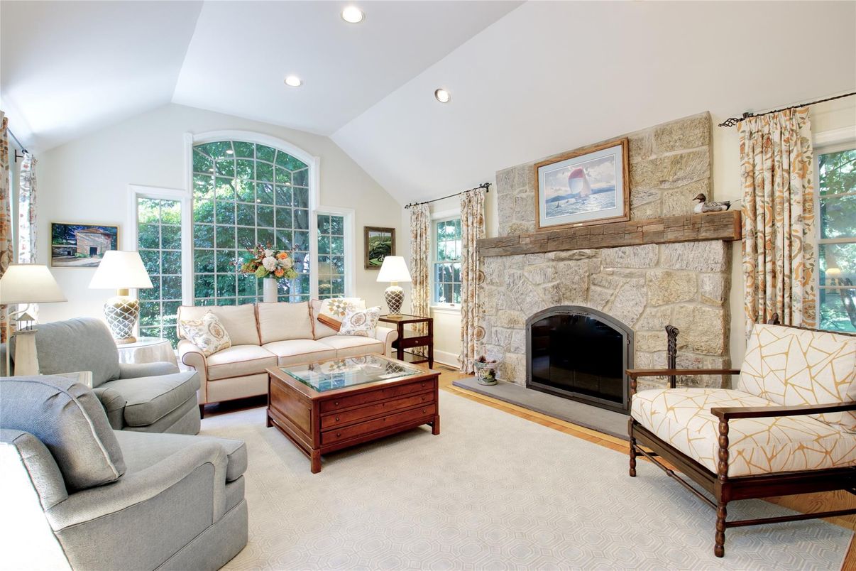 Fireplace, Interior, Living room, Recessed Lighting, Stone Walls