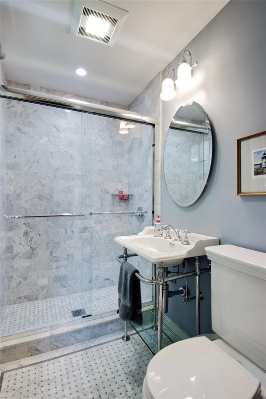 Bathroom, Glass Shower, Interior, Marble Walls, Recessed Lighting