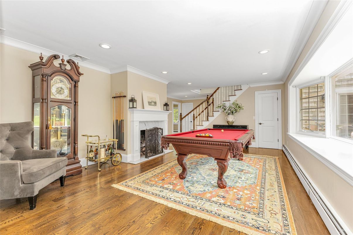 Billiard Table, Fireplace, Game Room, Interior, Recessed Lighting, Wood Texture Flooring