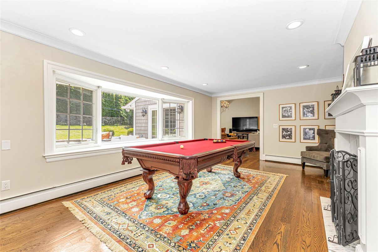 Billiard Table, Fireplace, Game Room, Interior, Recessed Lighting, Wood Texture Flooring