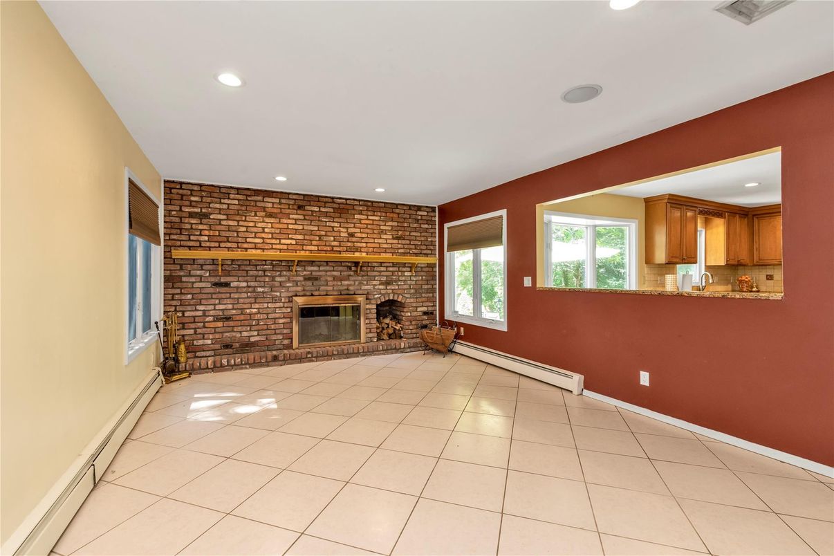 Empty room, Fireplace, Interior, Recessed Lighting, Stone Walls