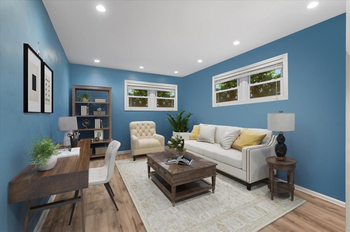 Home Office, Interior, Living room, Recessed Lighting, Wood Texture Flooring