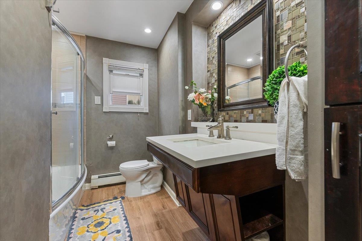 Bathroom, Glass Shower, Interior, Recessed Lighting, Wood Texture Flooring