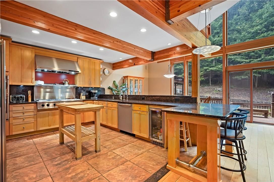 Interior, Kitchen, Pendant Lights, Recessed Lighting, Stainless Steel Appliances, Wooden Beams