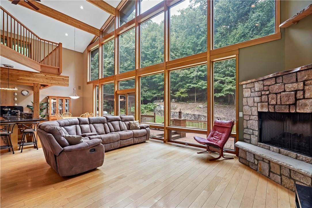 Fireplace, Interior, Living room, Recessed Lighting, Sun Room, Wooden Beams, Wood Texture Flooring