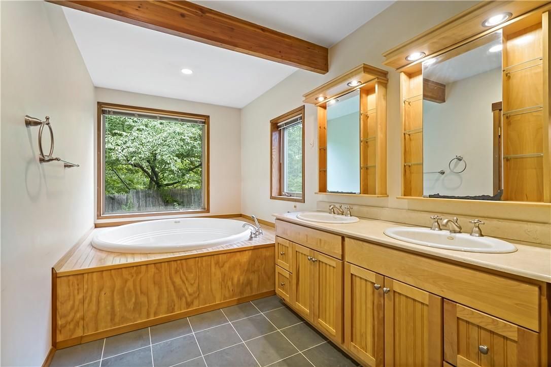 Bathroom, Dual Sink Vanities, Interior, Recessed Lighting, Wooden Beams