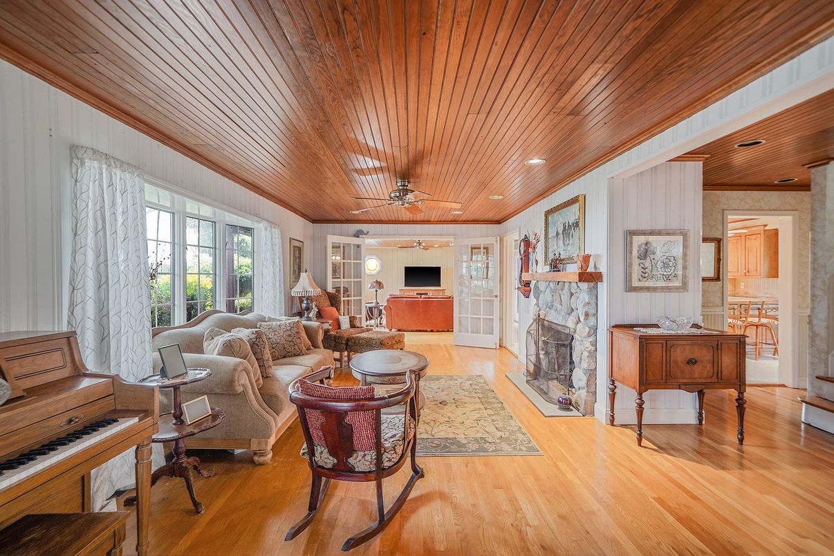 Fireplace, Interior, Living room, Piano, Recessed Lighting, Wooden Ceilings, Wood Texture Flooring
