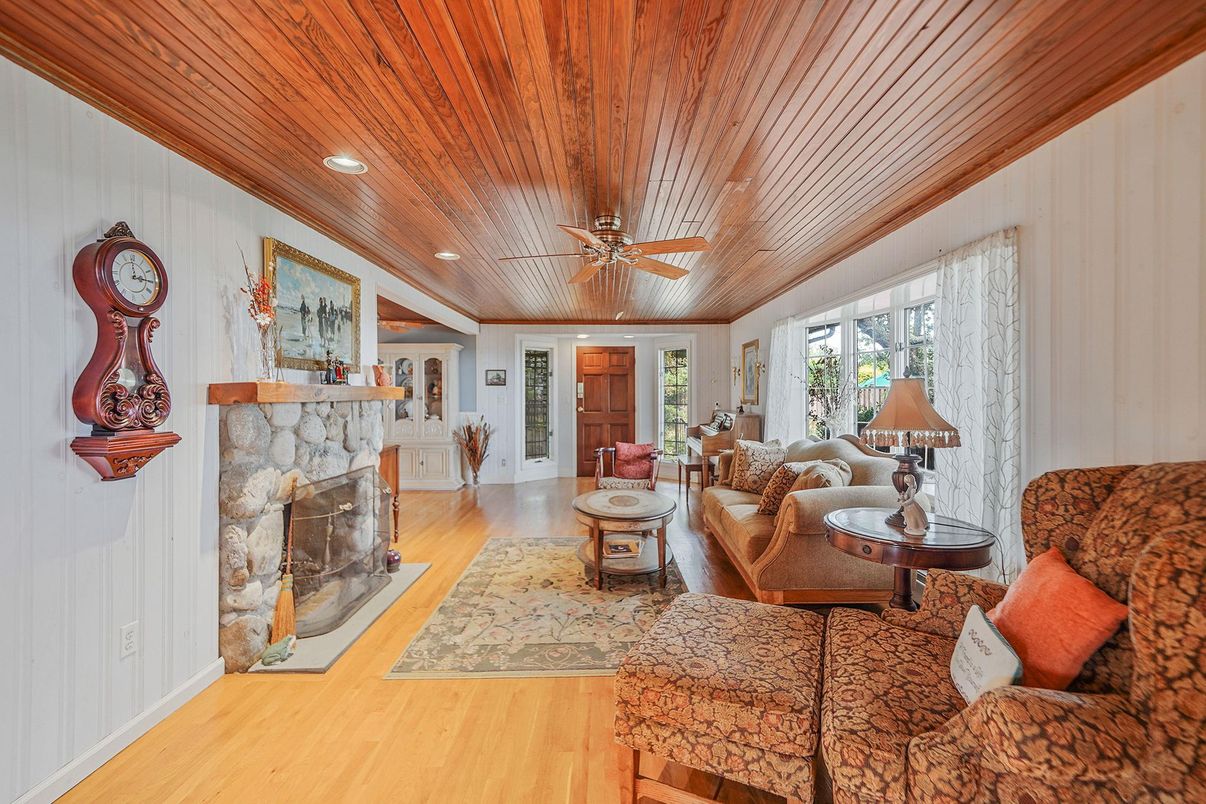 Fireplace, Interior, Living room, Recessed Lighting, Wooden Ceilings, Wood Texture Flooring