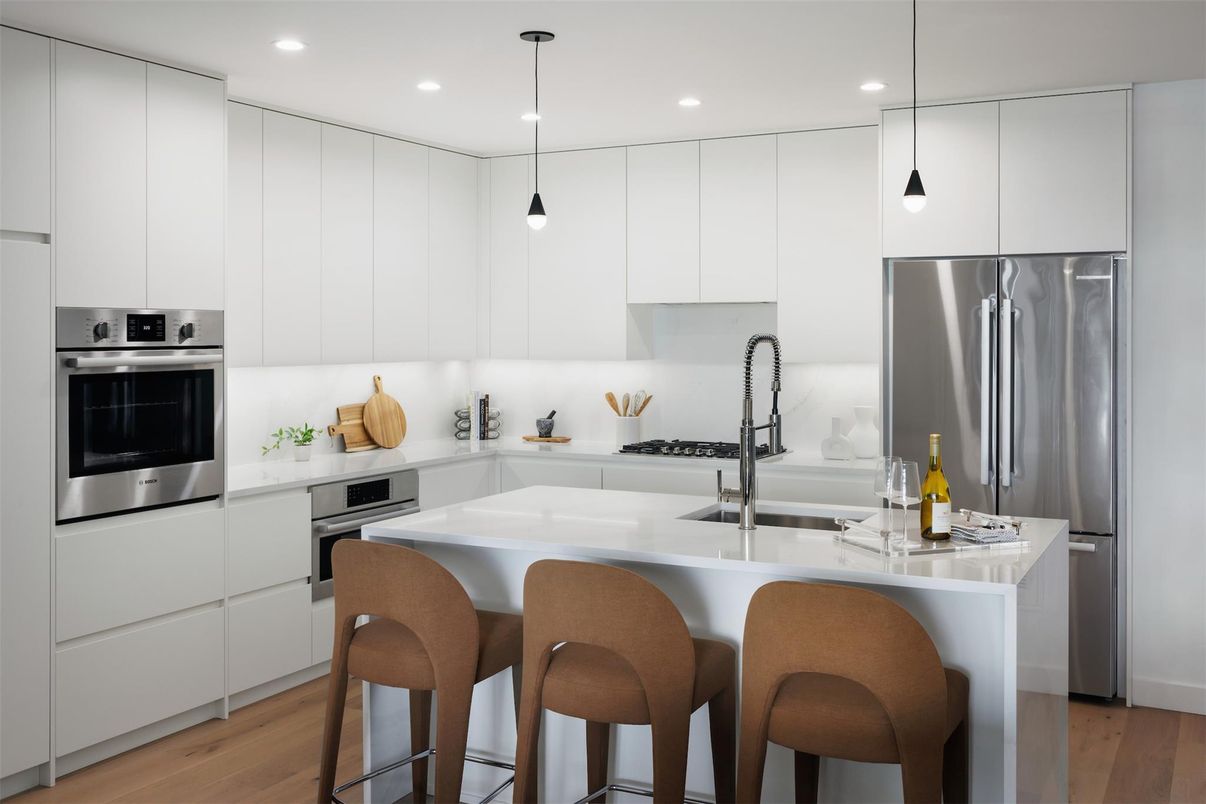 Interior, Kitchen, Pendant Lights, Recessed Lighting, Stainless Steel Appliances, Wood Texture Flooring