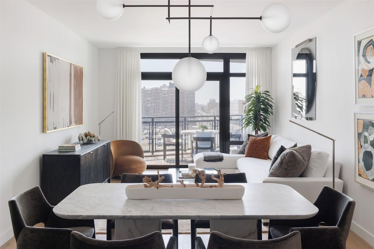 Dining room, Interior, Living room, Pendant Lights, Wood Texture Flooring