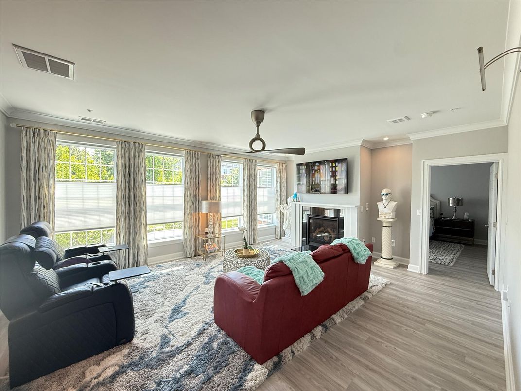 Fireplace, Interior, Living room, Recessed Lighting, Wood Texture Flooring