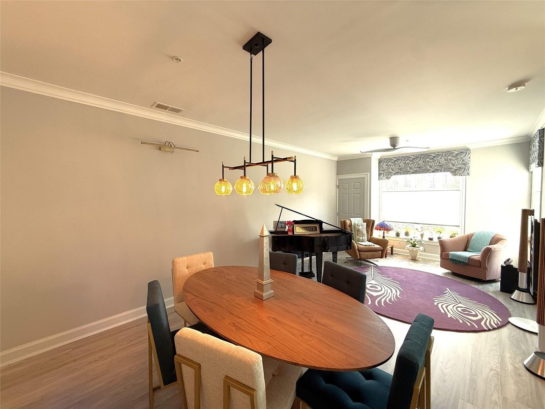Dining room, Interior, Living room, Pendant Lights, Piano, Wood Texture Flooring