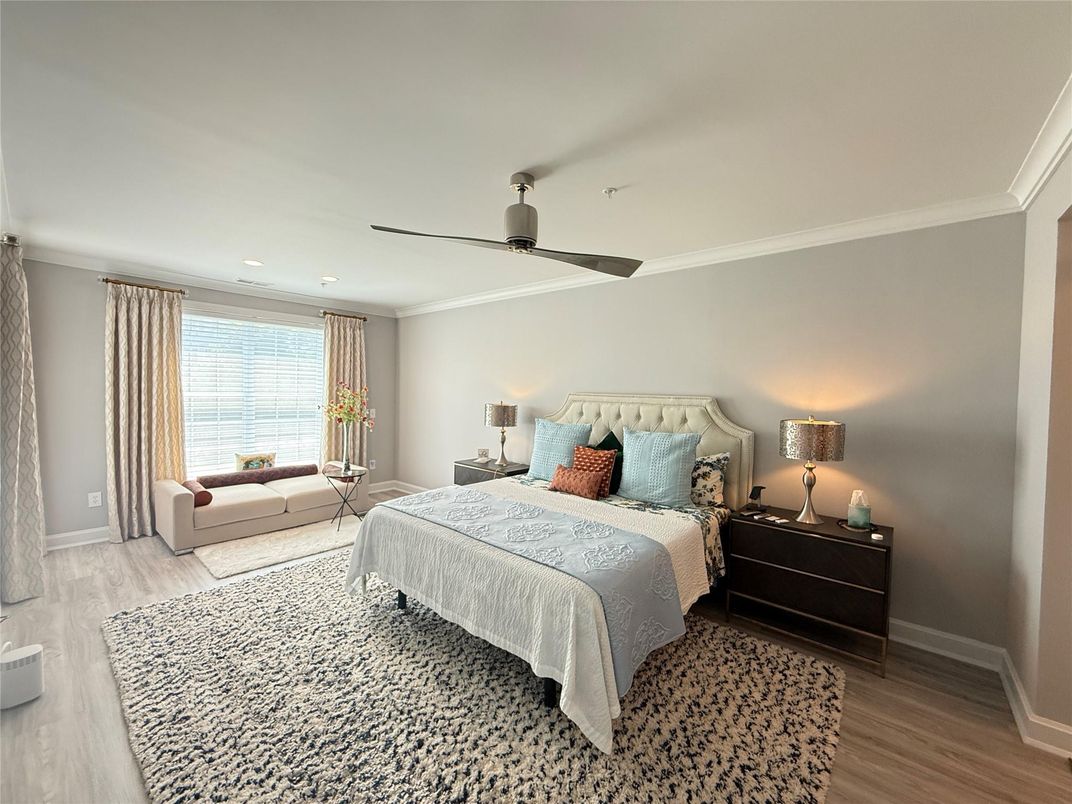 Bedroom, Interior, Recessed Lighting, Wood Texture Flooring