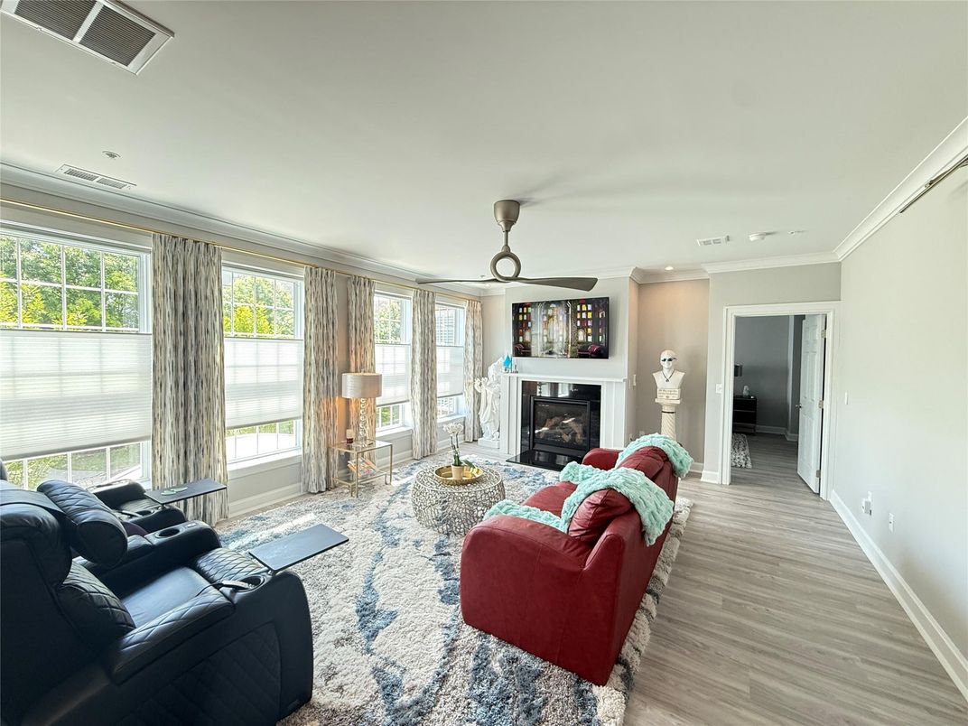 Fireplace, Interior, Living room, Recessed Lighting, Wood Texture Flooring