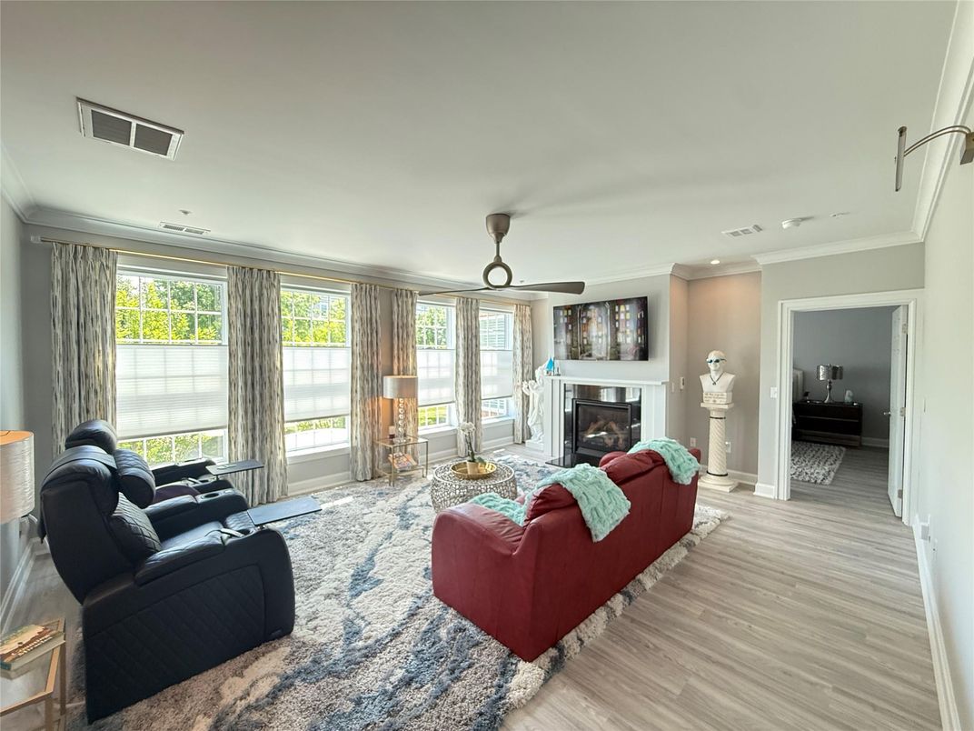 Fireplace, Interior, Living room, Recessed Lighting, Wood Texture Flooring