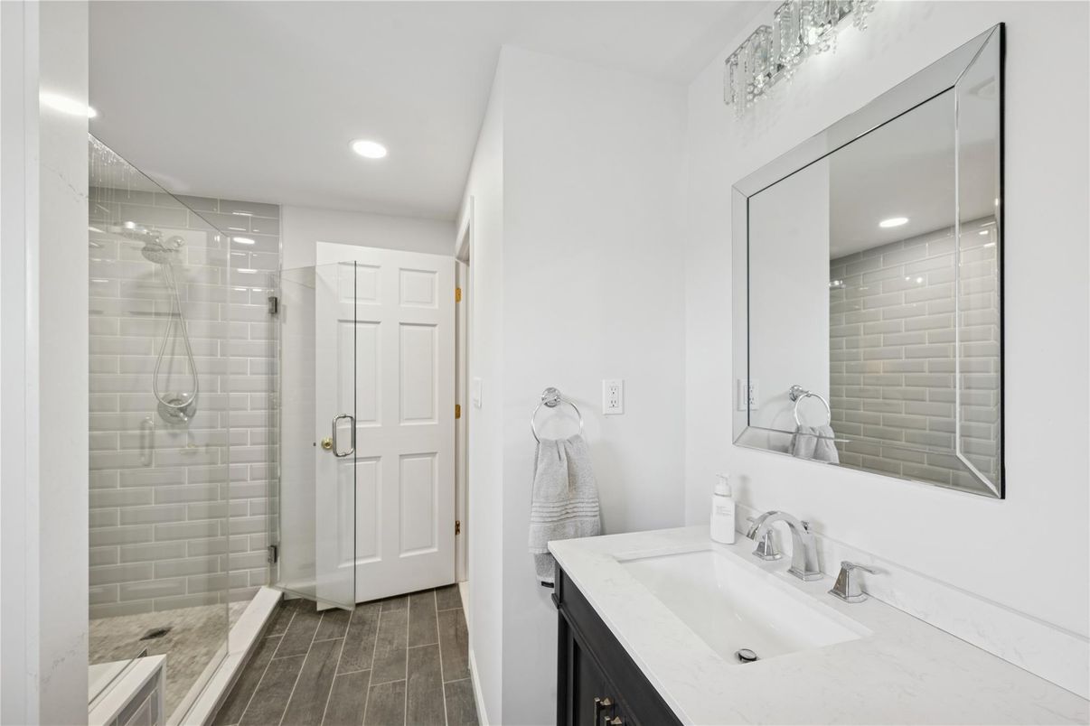 Bathroom, Glass Shower, Interior, Recessed Lighting, Wood Texture Flooring