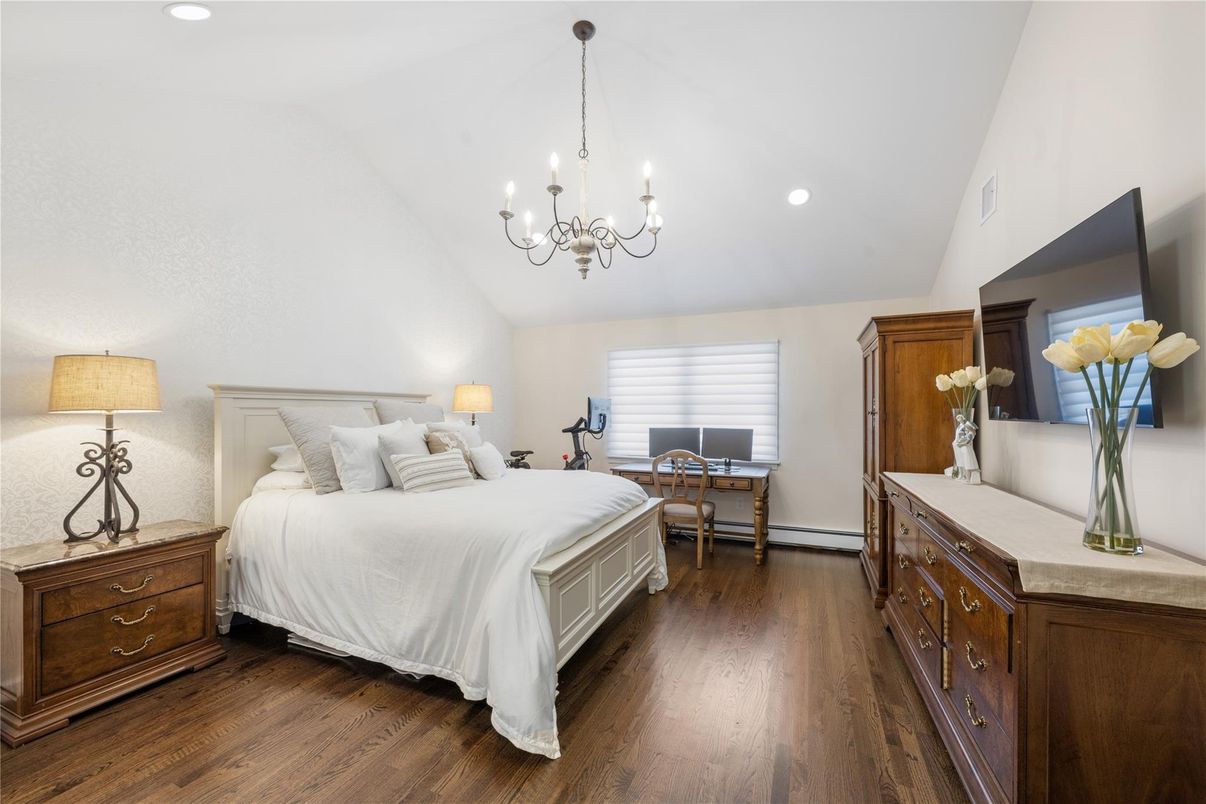 Bedroom, Chandelier, Interior, Recessed Lighting, Wood Texture Flooring