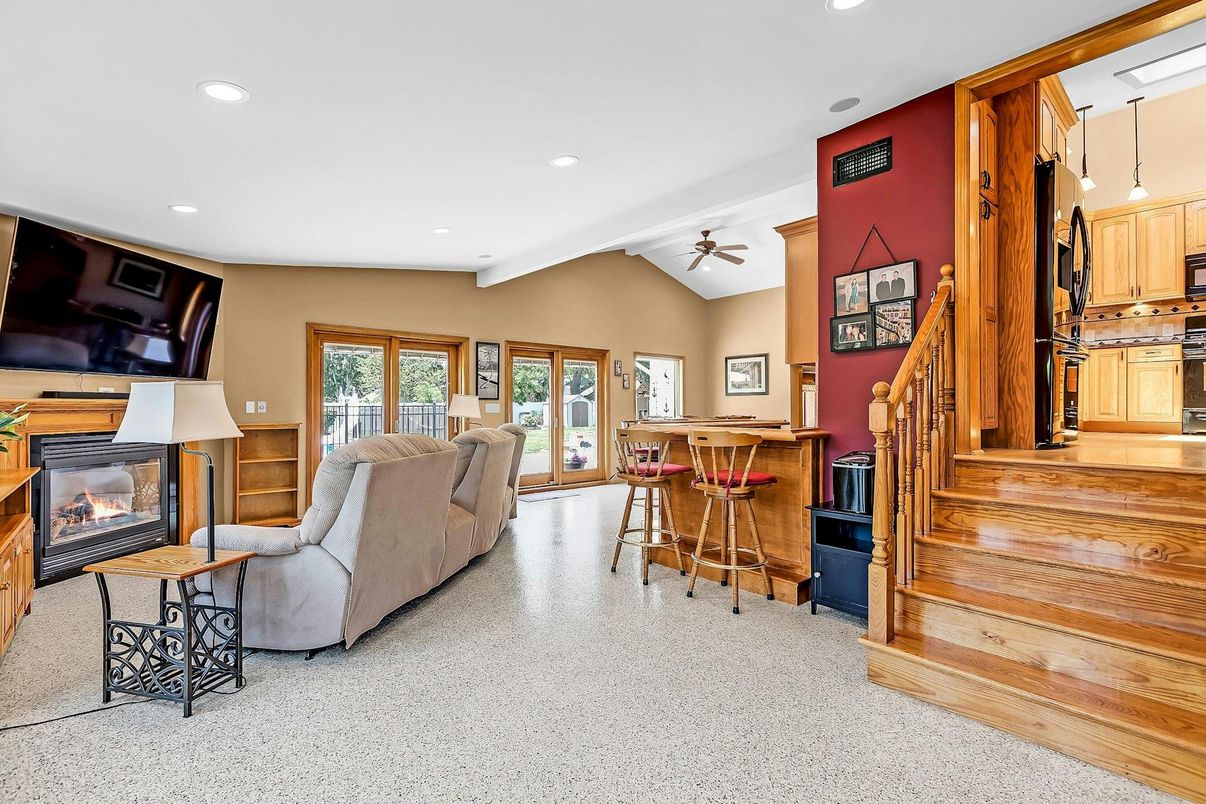 Fireplace, Interior, Kitchen, Living room, Recessed Lighting