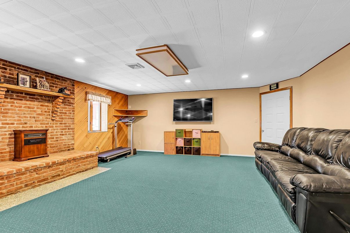 Fireplace, Interior, Recessed Lighting, Stone Walls