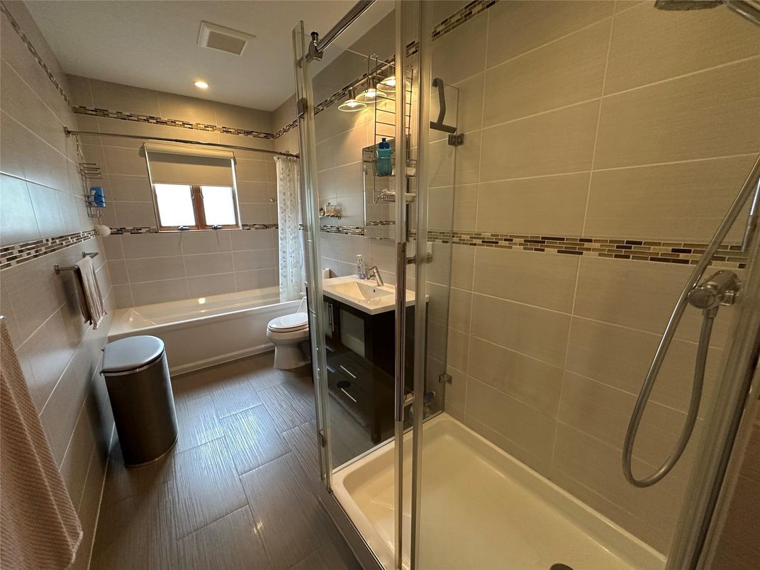 Bathroom, Glass Shower, Interior, Recessed Lighting, Wood Texture Flooring