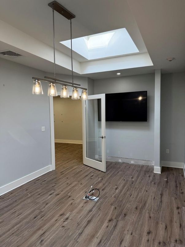 Empty room, Interior, Pendant Lights, Recessed Lighting, Wood Texture Flooring