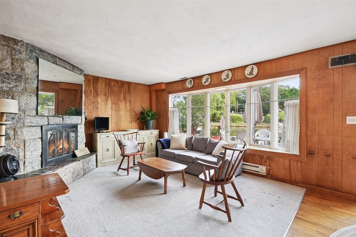 Fireplace, Home Office, Interior, Living room, Stone Walls, Wood Texture Flooring, Wooden Walls
