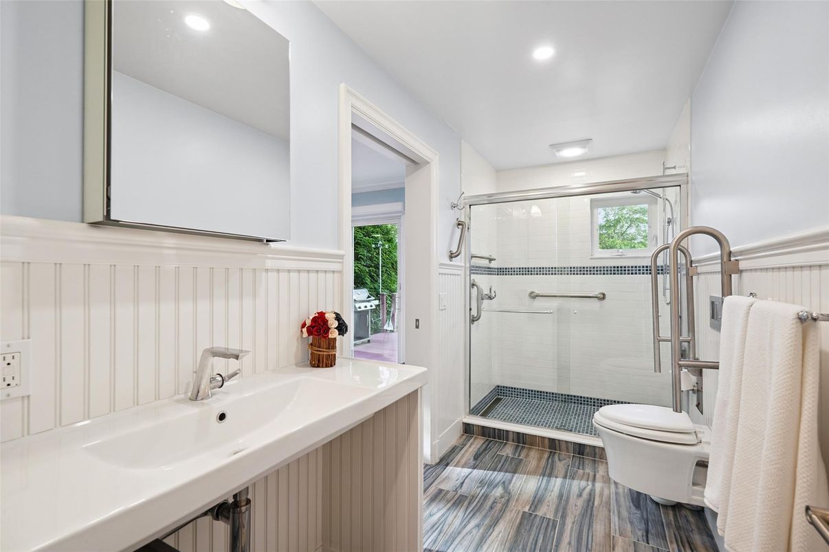Bathroom, Glass Shower, Interior, Recessed Lighting, Wood Texture Flooring