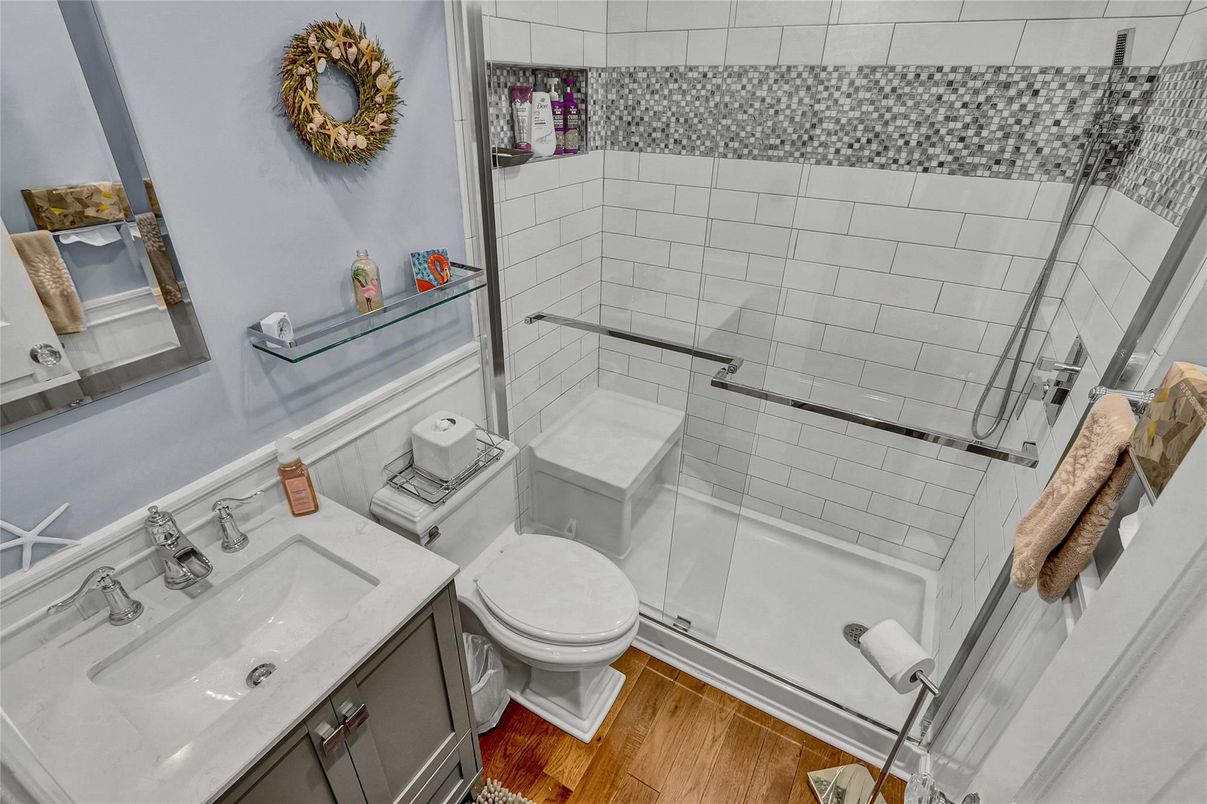 Bathroom, Glass Shower, Interior, Wood Texture Flooring