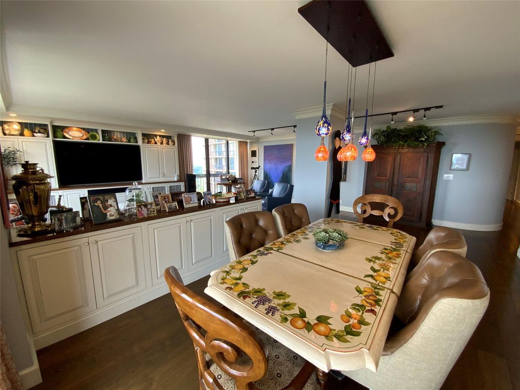 Dining room, Interior, Pendant Lights, Wood Texture Flooring